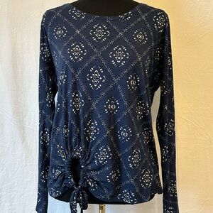 Lucky Brand Navy Printed Tie Front Top Long Sleeve Size M